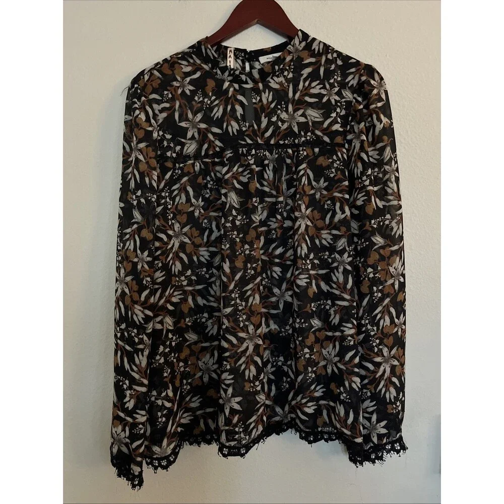 Max Studio Long Sleeve Floral Keyhole Neck Crochet Eyelash Hem Blouse SZ XL